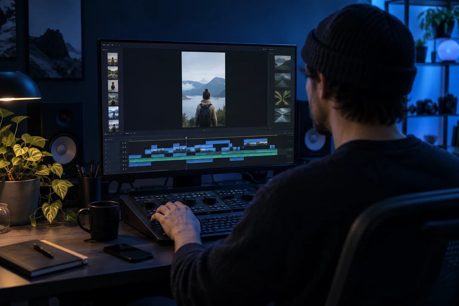 A video editor shaping short-form footage at a studio workstation